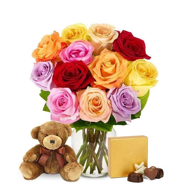 From You Flowers - One Dozen Rainbow Roses with Chocolates & Teddy Bear | Walmart (US)