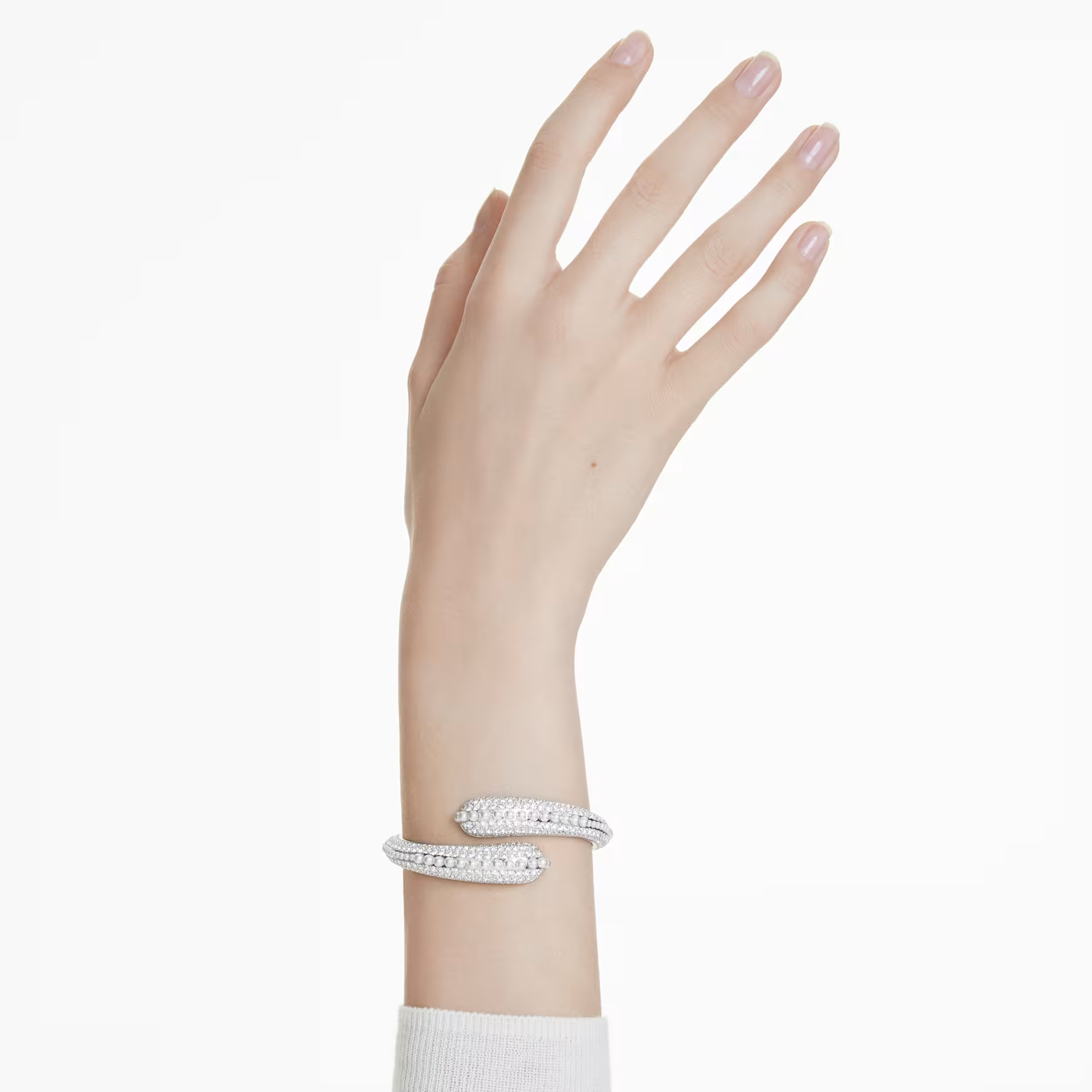 Sublima cuff, Crystal pearl, Round cut, White, Rhodium plated by SWAROVSKI | SWAROVSKI