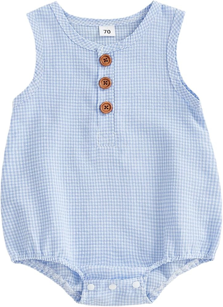 Newborn Baby Boy Girl Bubble Romper Plaid Onesie Sleeveless Gingham Bodysuit Button Tank Overalls... | Amazon (US)