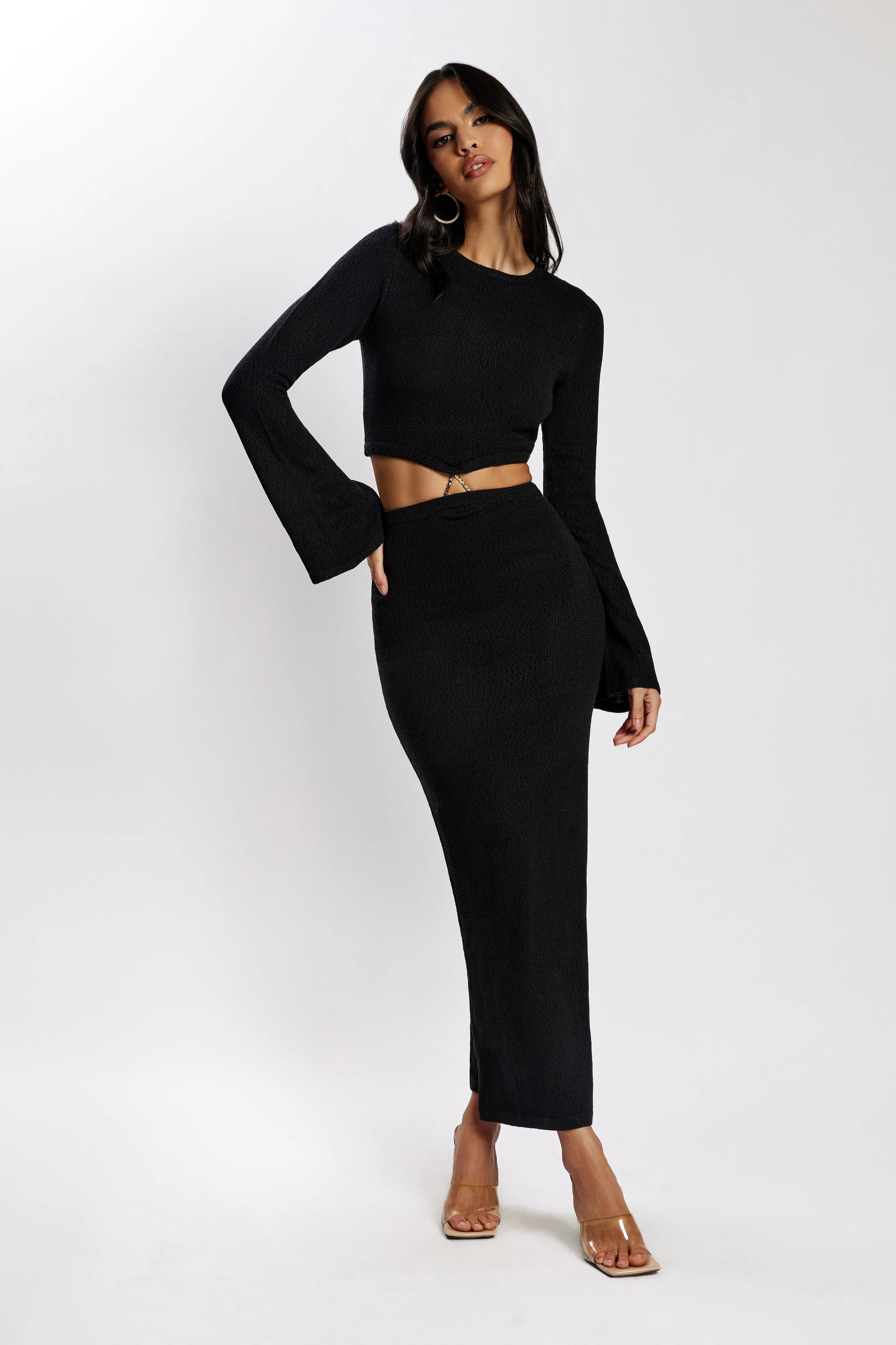 Anna Flare Sleeve Knit Dress - Black | MESHKI US