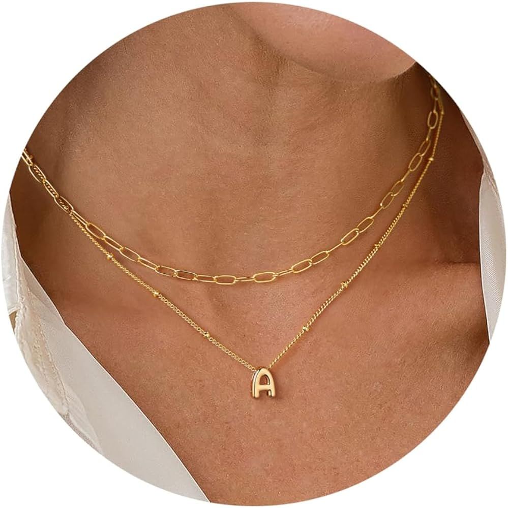 Turandoss Personalized Bubble Letter Necklace - Layered Gold Initial Tiny Small Pendent Necklaces... | Amazon (US)