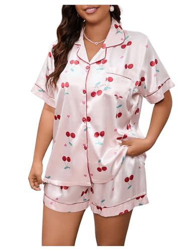 BEAUDRM Women's Plus Size 2 Piece Pajama Sets Cherry Printed Pj Set Button Up Shirts with Shorts Lounge Sleepwear Pink 4XL | Amazon (US)