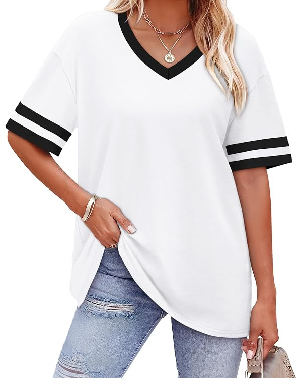 WIHOLL Womens T Shirts Loose Fit Short Sleeve Tees V Neck Color Block Summer Tops 2026 Fashion S-... | Amazon (US)
