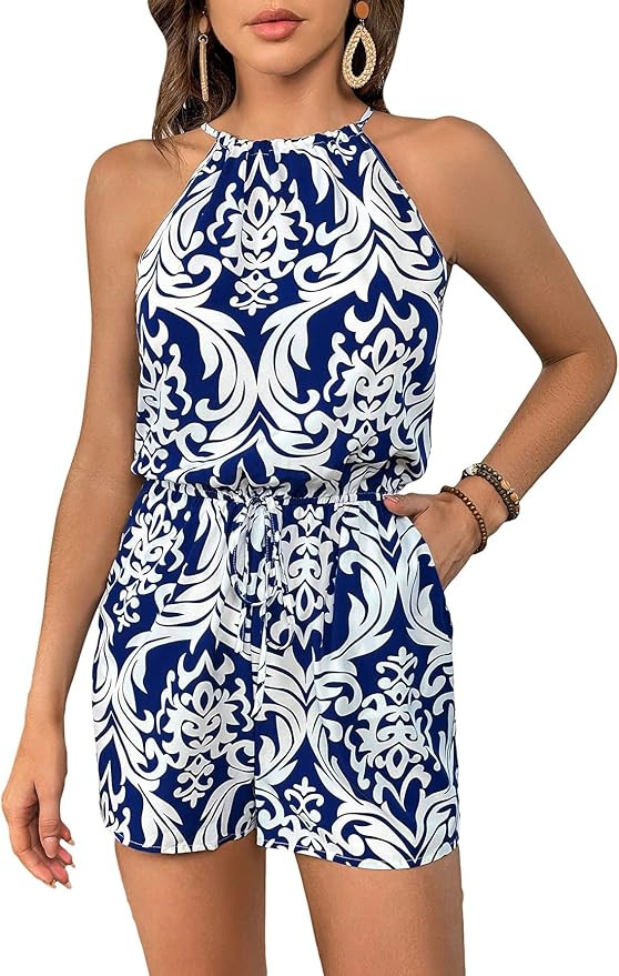 SweatyRocks Women's Allover Print Sleeveless Halter Jumpsuit High Waist Cami Romper with Pocket | Amazon (US)