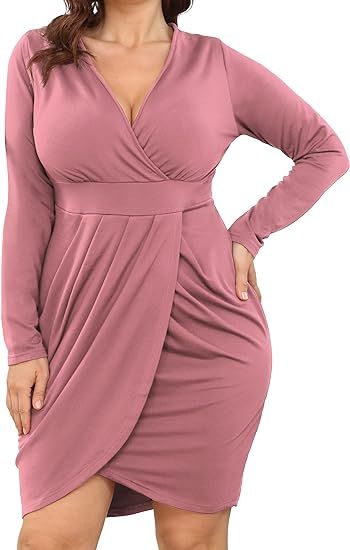 POSESHE Womens Plus Size Dress Long Sleeve V Neck Wedding Guest Formal Cocktail Sexy Date Bodycon... | Amazon (US)