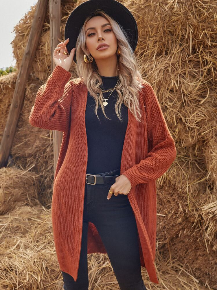 Solid Raglan Sleeve Open Front Cardigan | SHEIN