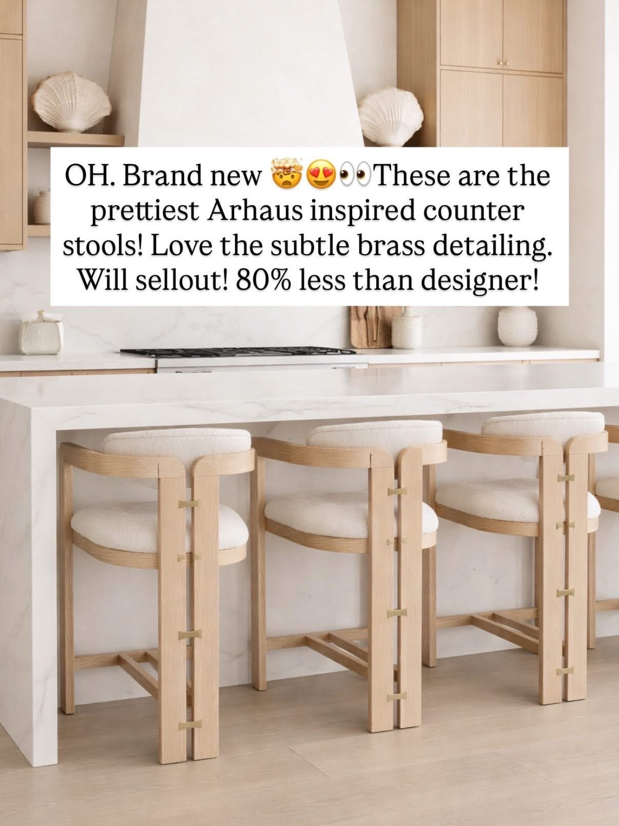 Arhaus inspired counter stools. The subtle brass detailing omg. Beautiful!