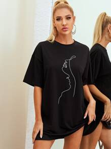 SHEIN Face Profile Line Art Graphic T-Shirt Dress | SHEIN