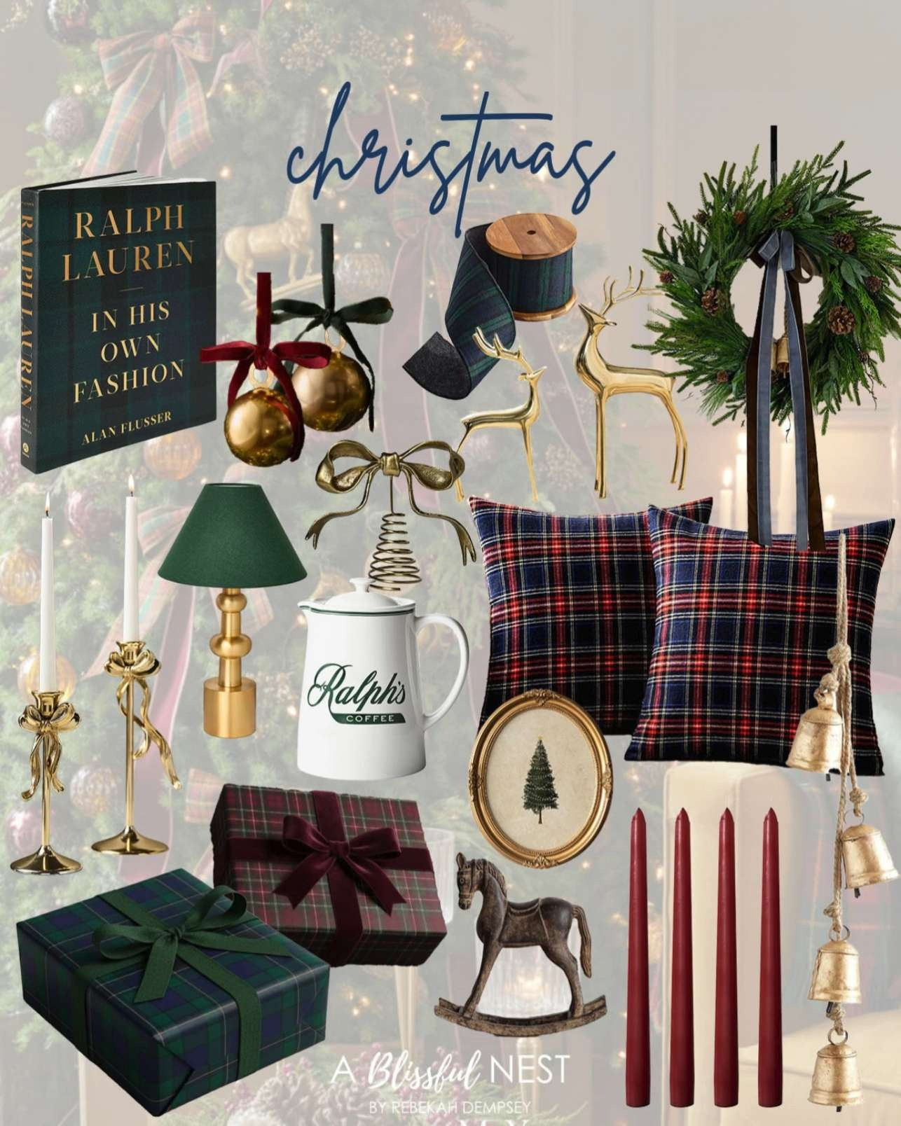Add a touch of elegant Christmas style with these Ralph Lauren favorites. Click to see more.
plaid Christmas pillow, velvet ribbon & metal bell ornaments, hobby rocking horse, mixed pine Christmas wreath, Christmas tree print, beverage server, taper candles, blue plaid ribbon garland, handmade Tibetan decorative cow bells, metal bow tree Christmas topper gold, gold bow metal candleholder, Ralph Lauren decorative book, plaid tartan wrapping papers, reindeer figurine statues 

 #LTKHoliday #LTKSeasonal #LTKHome