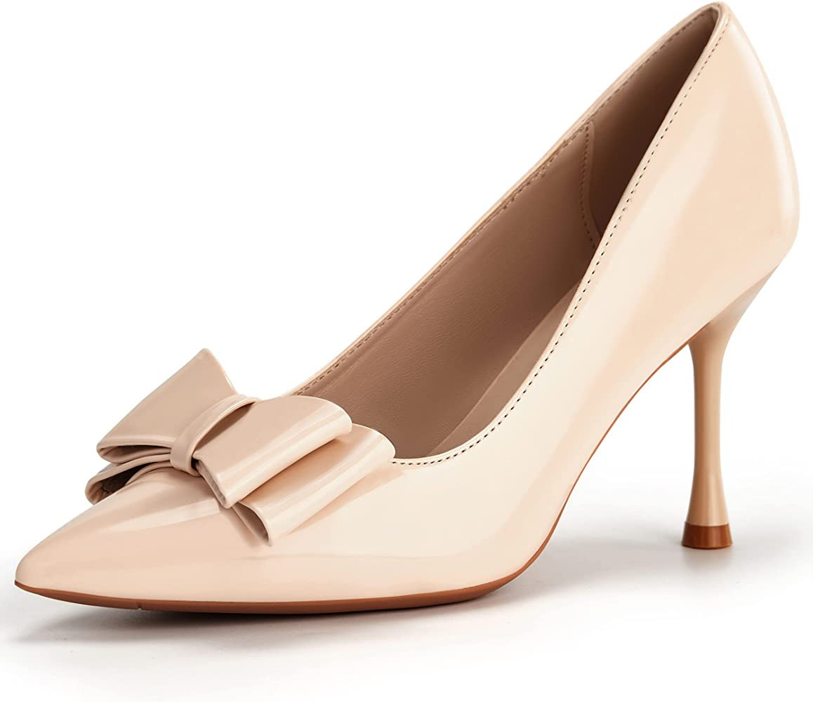Coutgo Womens High Heels Pointed Toe Bow Knot Slip-on Stiletto Wedding Dress Pumps Shoes | Amazon (US)