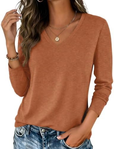 Zeagoo Womens Shirts Long Sleeve Tops V Neck Casual Basic Tee Fall Outfits | Breathable Comfort F... | Amazon (US)