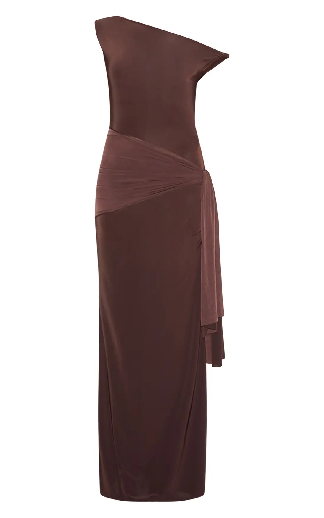 Chocolate Slinky Off Shoulder Wrap Detail Maxi Dress | PrettyLittleThing US