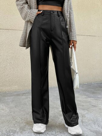 SHEIN EZwear High Waist PU Straight Leg Trousers | SHEIN