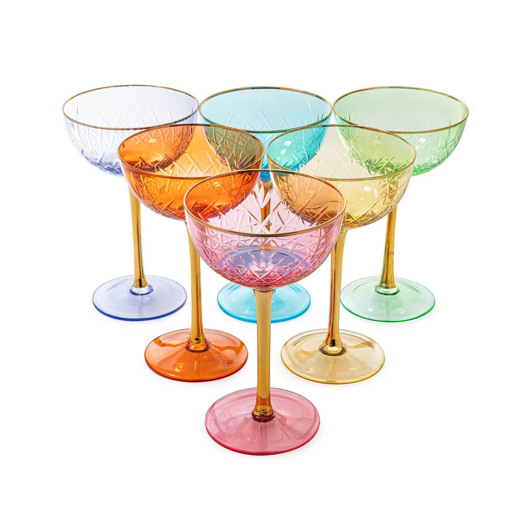 Vintage Art Deco Colored Coupe Glasses | Set of 6 | 7 oz Classic Cocktail Glassware for Wine, Cha... | Etsy (US)