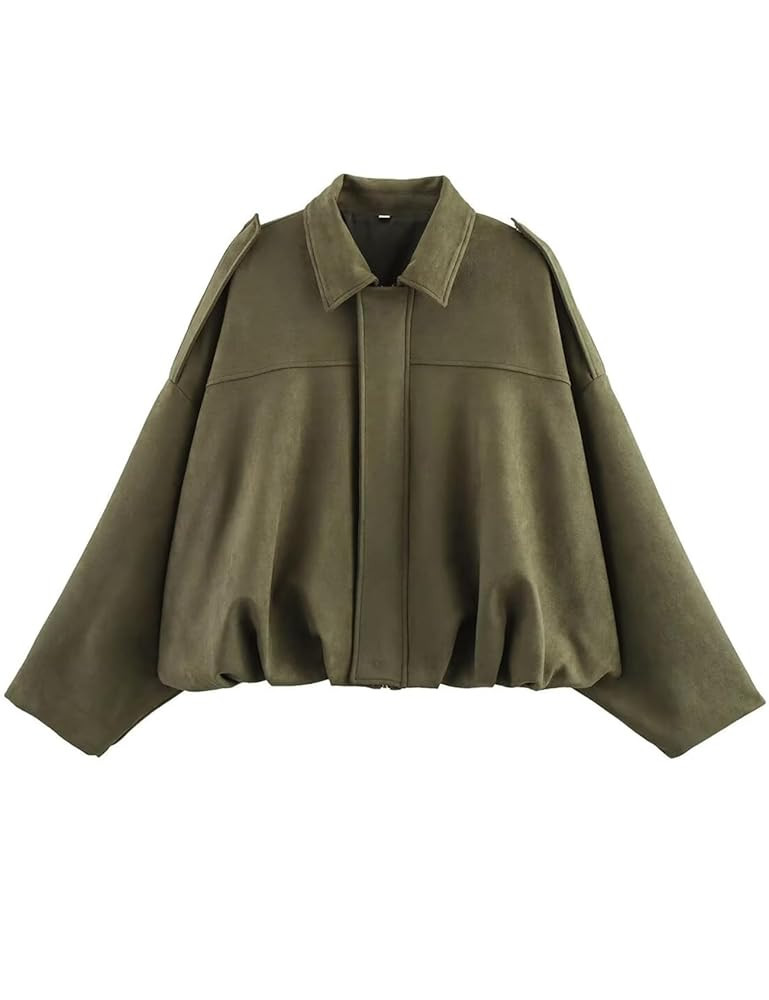 Kissonic Womens Faux Suede Bomber Jacket Oversized Batwing Long Sleeve Zip Up Cropped Coat Street... | Amazon (US)