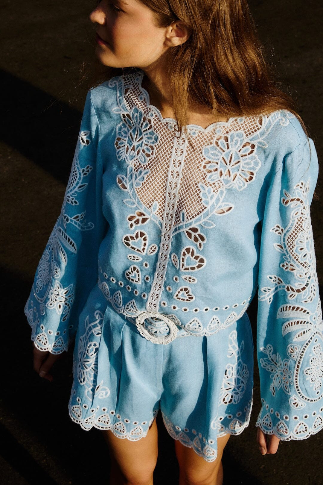 Light Blue Romantic Richelieu Euroflax Premium Linen Blouse | FARM Rio | FarmRio (US)