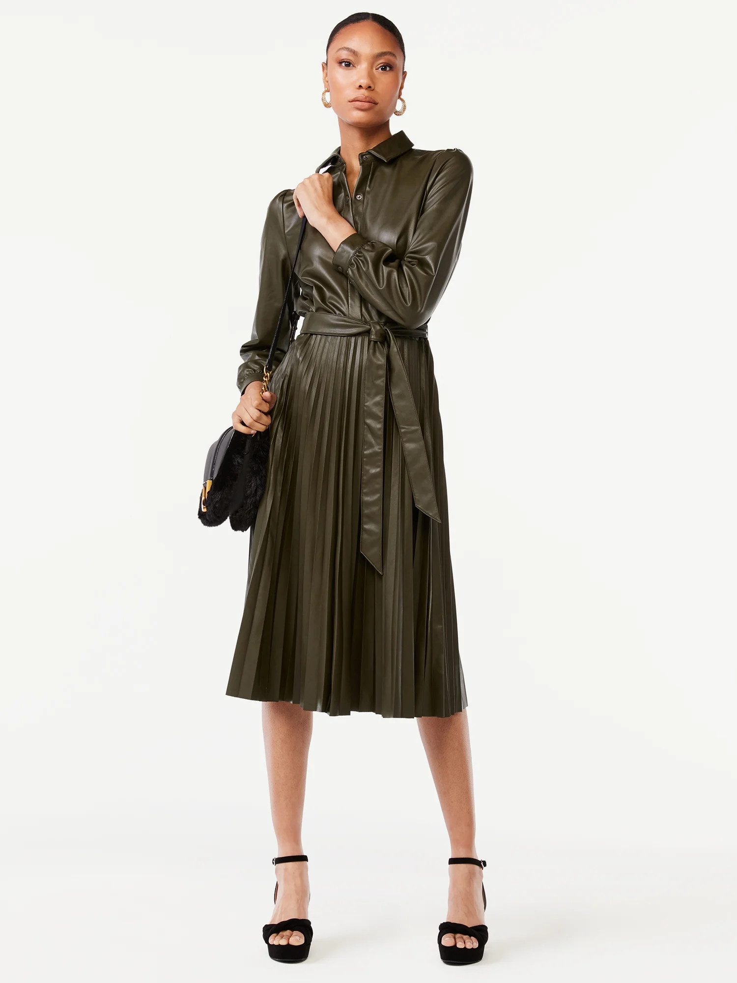 Scoop Women's Faux Leather Pleated Shirtdress | Walmart (US)