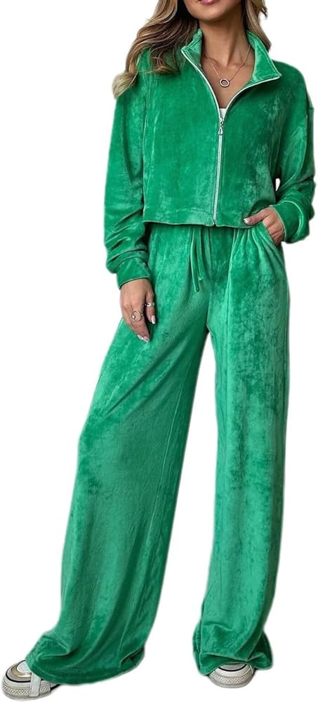 Melliflo Women's Velour Tracksuit Two Piece Sets Lapel Neck Zip Up Crop Jacket High Waist Wide Le... | Amazon (US)