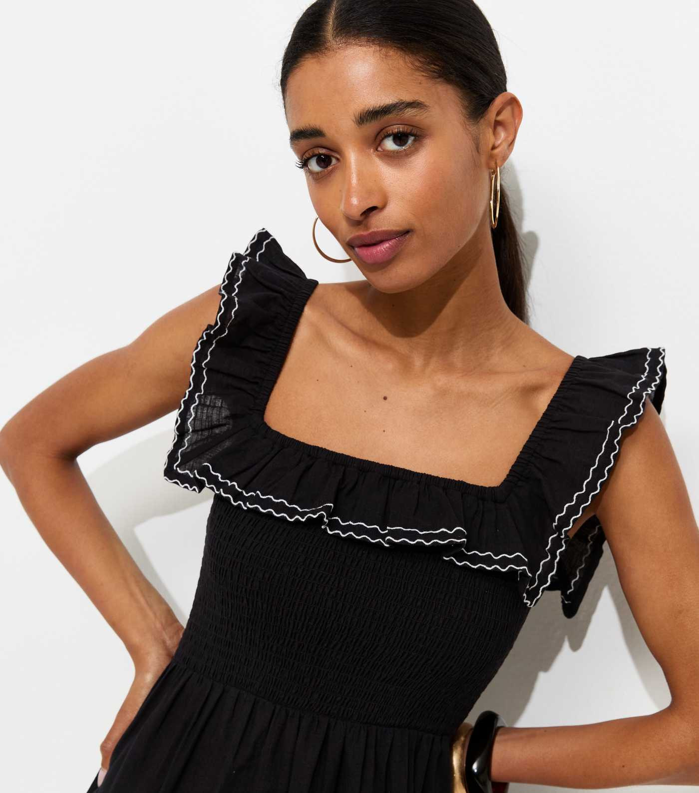 Black Cotton Embroidered Ruffle Trim Midi Dress | New Look | New Look (UK)