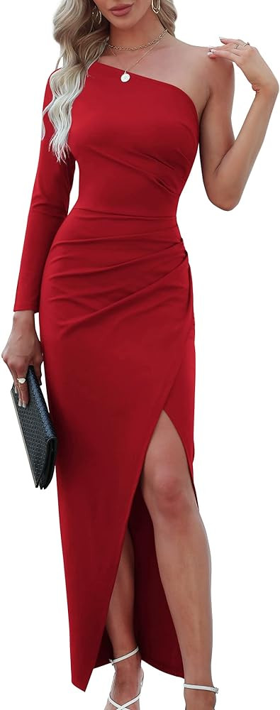Sarin Mathews Womens One Shoulder Long Sleeve Cocktail Dresses Sexy Bodycon Ruched Wrap Split Par... | Amazon (US)
