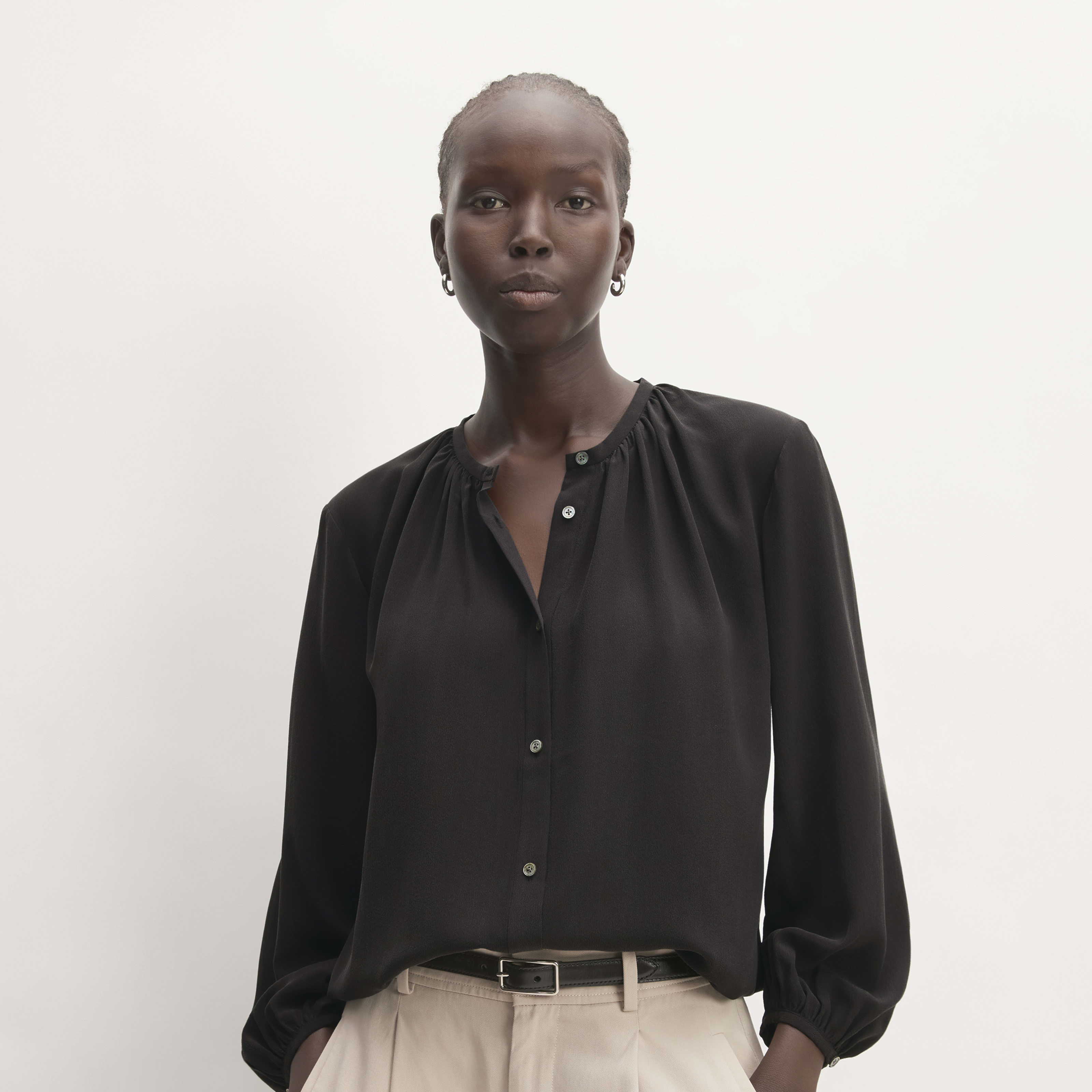 Women's Washable Clean Silk Shirred Blouse Shirt by Everlane in Black, Size XXS | Everlane