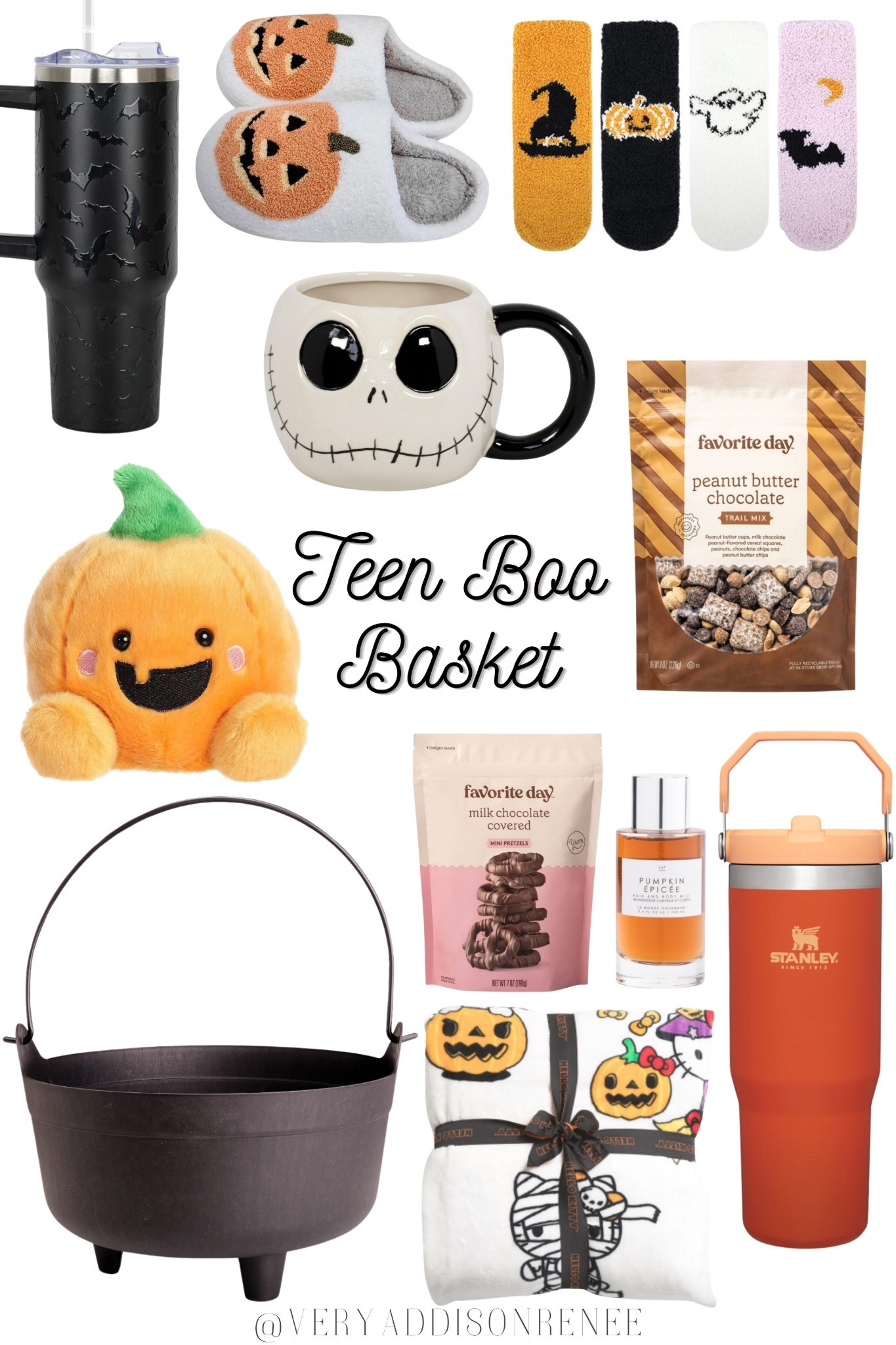 Teen Boo Basket Ideas 👻✨ This cozy Halloween basket is packed with aesthetic Target finds that are perfect for teens, tweens, and besties. Affordable, cute, and TikTok-inspired — these are the ultimate spooky season fillers.

What’s inside:
🧸 Pumpkin plush + Halloween blanket
☕ Jack Skellington mug + pumpkin slippers
🥤 Stanley tumbler + bat tumbler
🧦 Halloween fuzzy sock set
🍫 Favorite Day treats (milk chocolate pretzels + peanut butter trail mix)
🧴 Pumpkin spice body spray
🧺 Black cauldron basket

This boo basket for teens makes the perfect Halloween 2025 gift idea — cozy fall essentials, spooky Target snacks, and aesthetic seasonal finds all in one. Perfect for sisters, daughters, or best friends who love fall vibes 🎃🍂✨
#LTKGiftGuide

#LTKSeasonal #LTKFindsUnder100 #LTKU