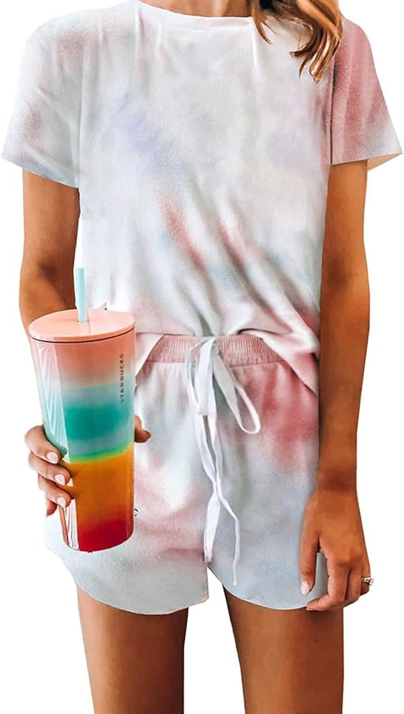Womens Pajamas Set Loungewear Nightwear Sleepwear Tie Dye PrintedRuffle | Amazon (US)