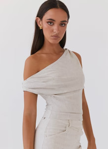 Marissa Linen One Shoulder Top - Oatmeal | Peppermayo (Global)