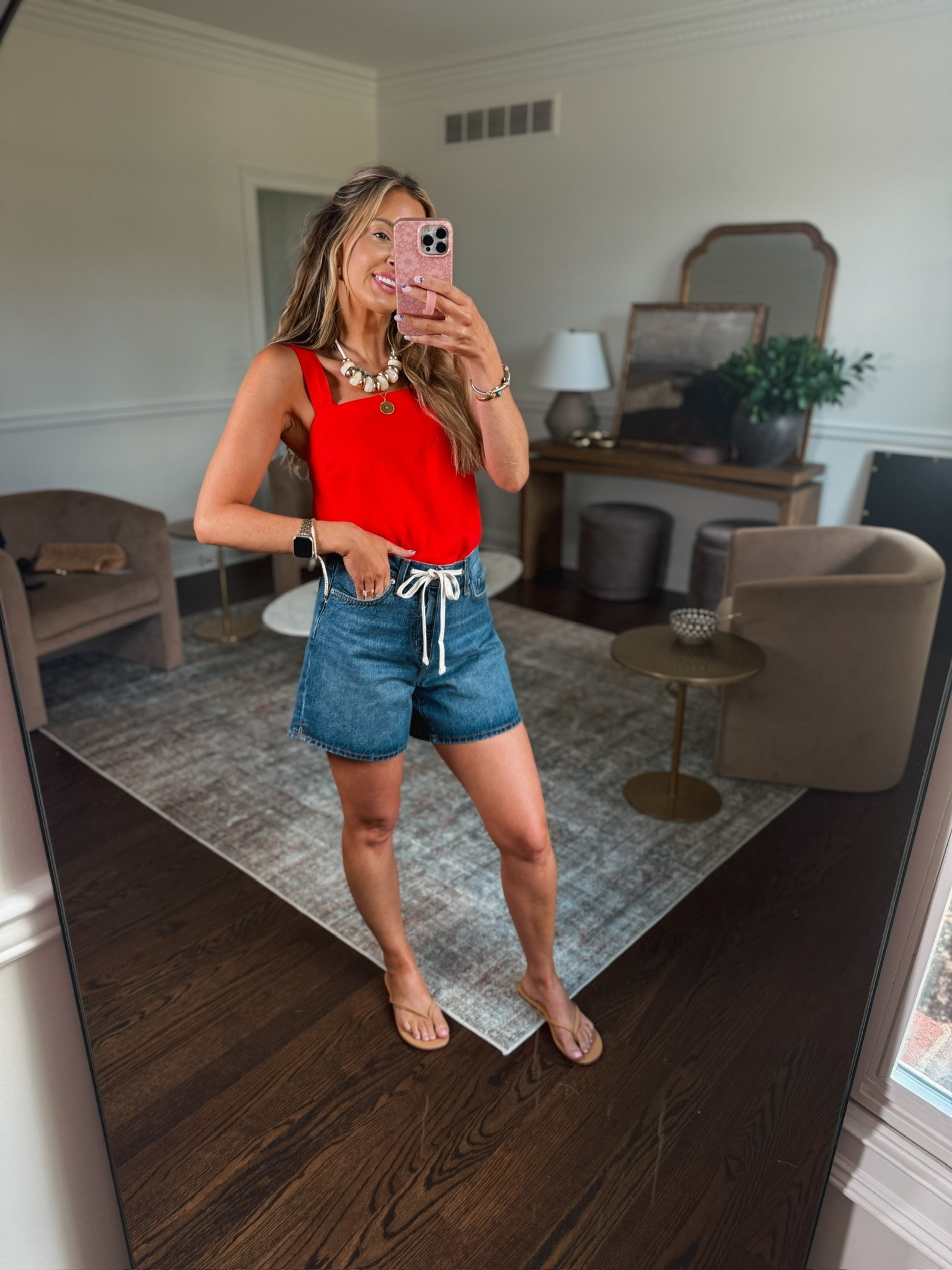I love this linen top in the perfect shade of summer red paired with these mom-approved drawstring denim shorts.

#LTKgrwm #LTKootd #LTKmomlife
