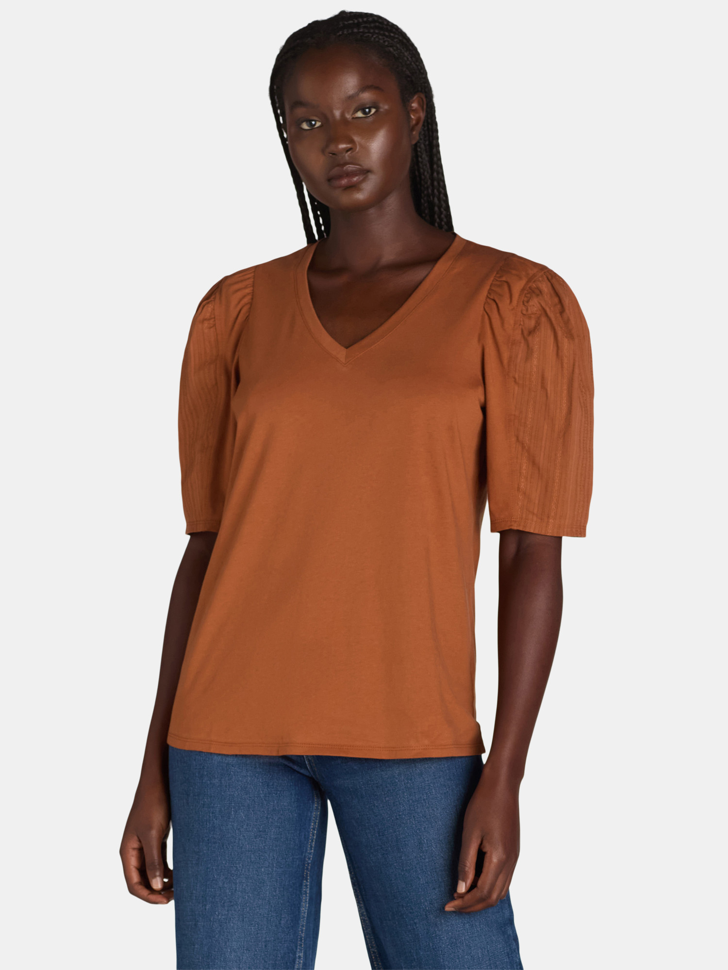 The Pioneer Woman Mixed Media Top with Puff Sleeves, Sizes XS-3X, Women’s | Walmart (US)