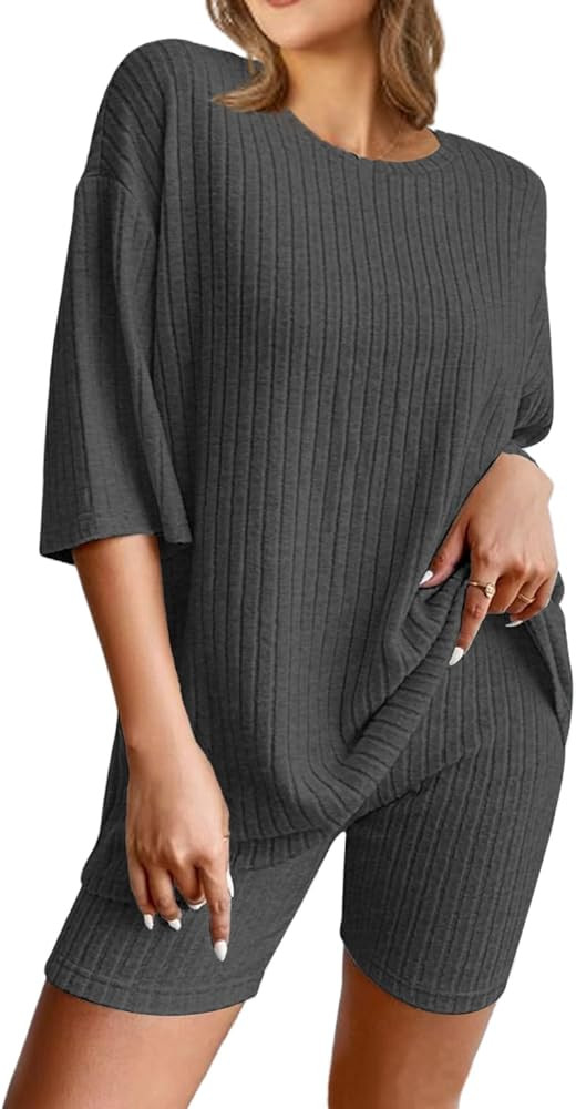 NORACORA Pajamas 2 Piece Lounge Sets Ribbed Knit for Women Matching T-shirt Shorts Outfits Sleepw... | Amazon (US)