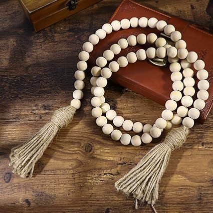 LIOOBO Vintage Wood Bead Garland with Tassels Farmhouse Beads Rustic Country Decor | Amazon (US)