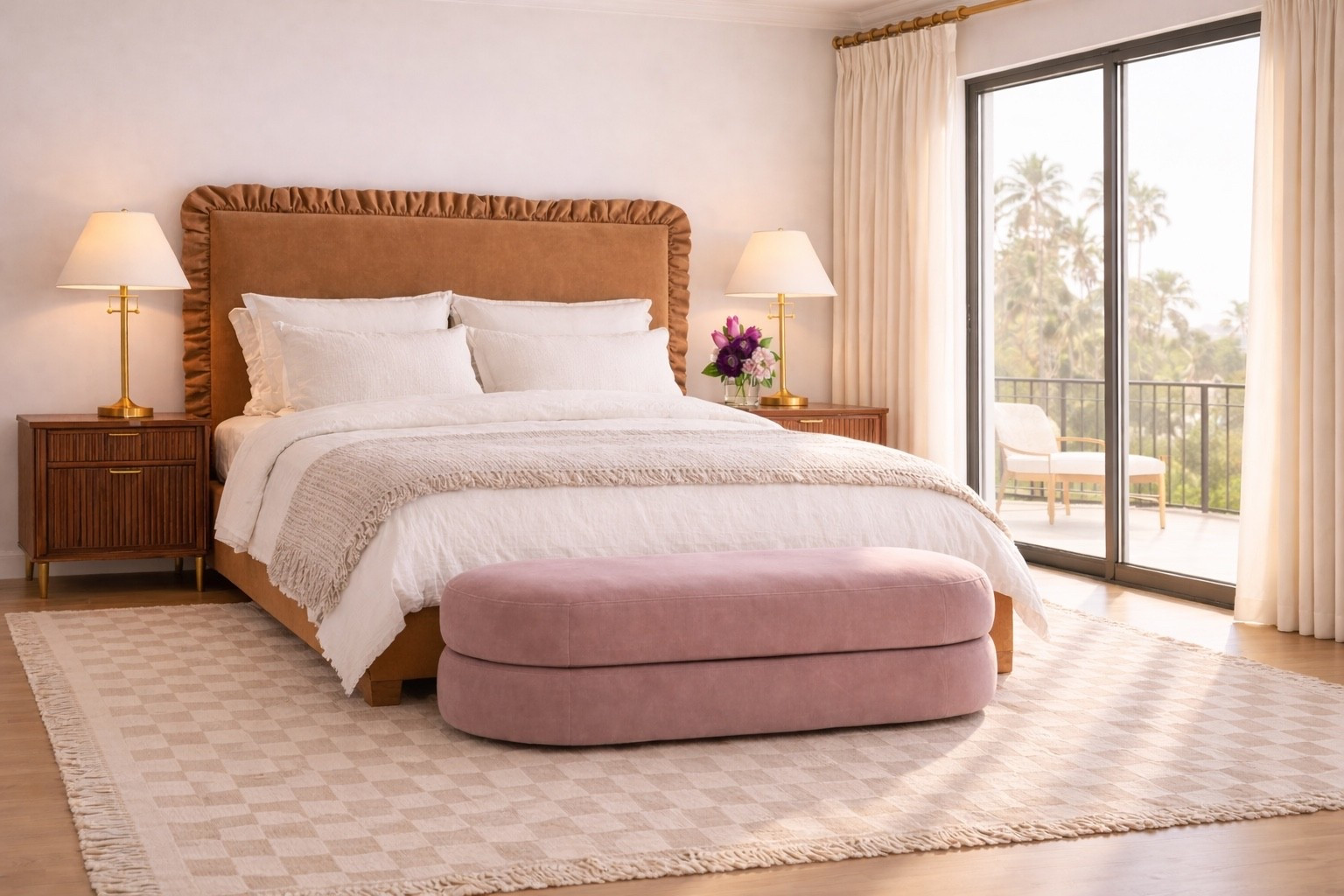 I love how the ruffled headboard instantly softens the room and adds that romantic touch. Paired with the fluted nightstands and brass table lamps, the whole space feels polished yet warm — perfect for a bedroom that still feels like home.

The rounded bench at the foot of the bed adds such a sculptural element, while the pleated French drapes with the pink trim elevate the entire window wall.

And of course, the checkered rug grounds the room beautifully and anchors the whole space.

Soft layers, warm tones, and a little romance — exactly the kind of bedroom I love waking up in. ✨

#bedroomdesign
#bedroomdecor
#modernchic
#elegantinterior
#bedroominspo
#bedroomstyle
#flutednightstand
#tablelamp
#bedroombench
#checkeredrug
#windowtreatments
#pleateddrapes
#romanticbedroom
#neutralhome
#ltkhome
#bed #rug #floral

#LTKFestival #LTKHome #LTKSaleAlert