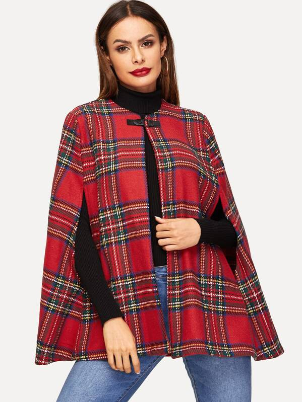Buckle Strap Closure Plaid Cape Coat | SHEIN
