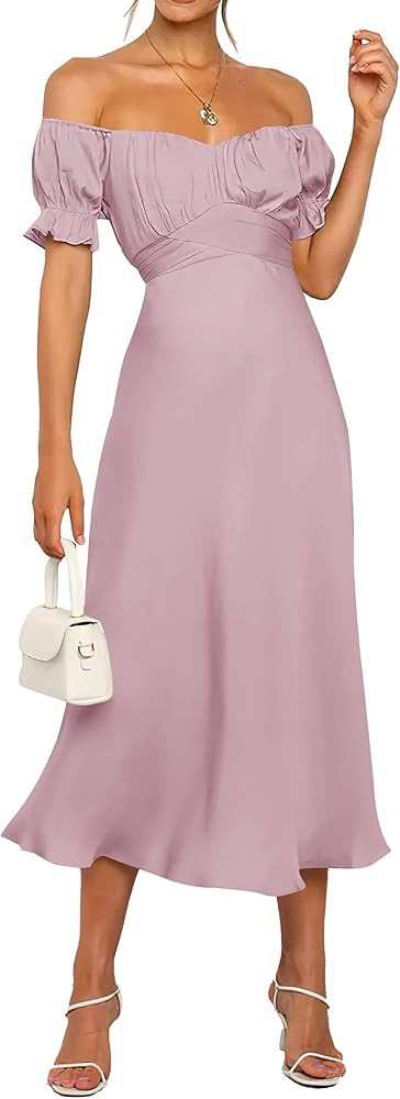 KIRUNDO 2023 Summer Women's Satin Midi Dress Puff Sleeve Off Shoulder Wrap Ruched Belt Party Wedding | Amazon (US)