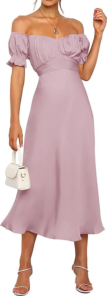 KIRUNDO 2023 Summer Women's Satin Midi Dress Puff Sleeve Off Shoulder Wrap Ruched Belt Party Wedding | Amazon (US)