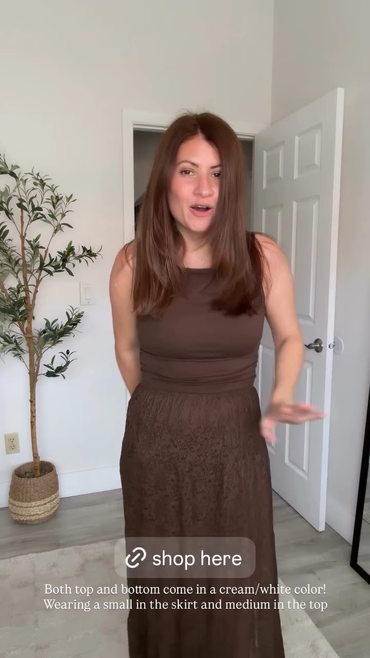 Both top and bottom come in a cream/white color! Wearing a small in the skirt and medium in the top