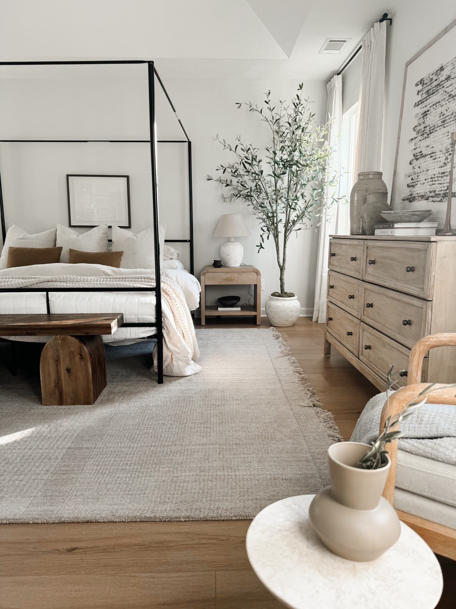 Organic modern bedroom vibes 🤎🌿〰️

Faux tree, canopy bed, kid and pet friendly rug, organic modern master bedroom, bedroom styling ideas, dresser styling ideas, accent chair in bedroom, target home decor, oversized lamp, nightstands, affordable nightstands, abstract art, plaster art

#LTKHome