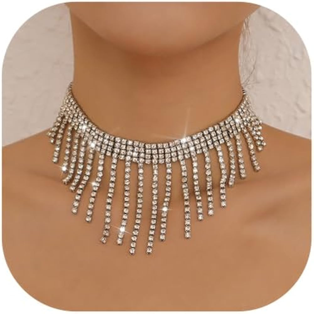 Sixexey Rhinestone Choker Necklaces Silver Neck Chain Sparkly Tassel Necklace Dainty Party Prom N... | Amazon (US)