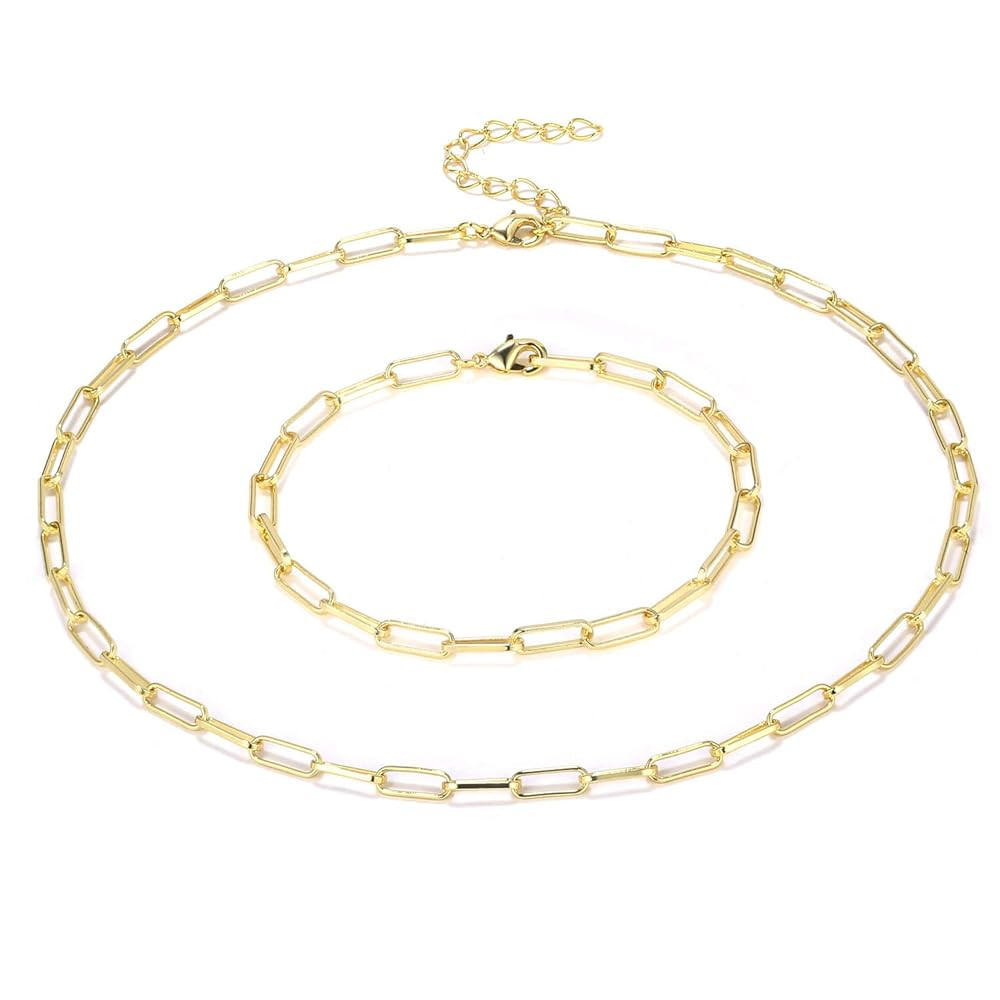 BOUTIQUELOVIN 14K Gold Plated Dainty Rectangle Paperclip Link Chain Necklace Bracelet Set for Wom... | Amazon (US)