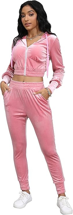 Wryran Velour Tracksuits Womens 2 Piece Outfits Zip Up Crop Top Velvet Track Suits Y2K Sweatshirt... | Amazon (US)