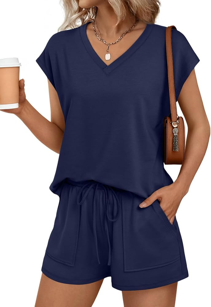 AUTOMET Women 2 Piece V Neck Matching Lounge Sets Clothing Spring Cap Sleeve Shirt and Shorts 202... | Amazon (US)