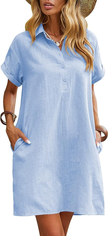Zeagoo Womens Cotton Shirt Dress Summer Casual Short Sleeve Button Down Beach Cover Up Shirts wit... | Amazon (US)