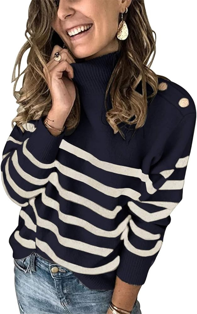 2021 Winter Women’s Long Sleeves Knit Sweater Turtleneck Striped Print Loose Pullover Tops Deco... | Amazon (US)