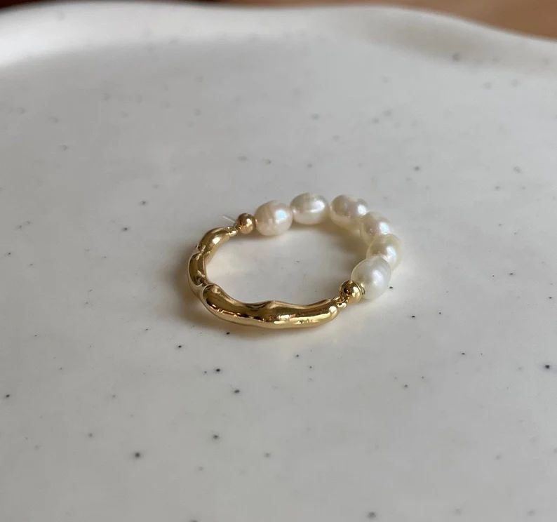 Half Gold Half Freshwater Pearl Ring, Elastic Stretch Pearl Half Gold Ring, Pearl Beaded Irregula... | Etsy (US)