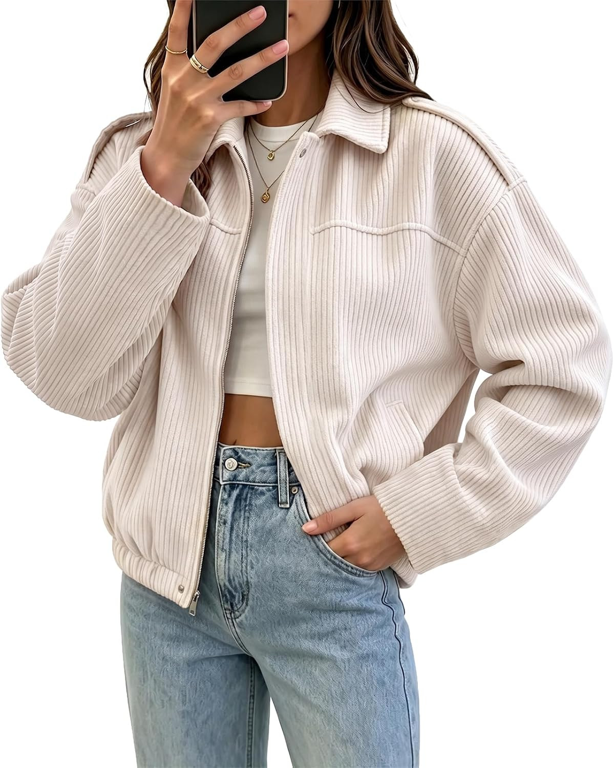 Fisoew Womens Cropped Corduroy Shackets Casual Zip Up Stand Collar Long Sleeve Fall Oversized Short Jackets | Amazon (US)