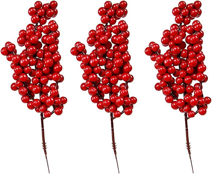 Artificial Red Berry Stems: 3 Pack Red Berry Picks, 8.6 Inch Berry Picks, Christmas Tree Decorati... | Amazon (US)