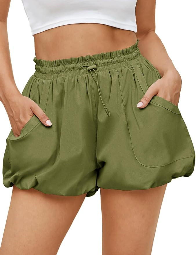 Fisoew Womens Summer Bubble Shorts Casual High Waisted Workout Puffy Shorts with Pockets | Amazon (US)