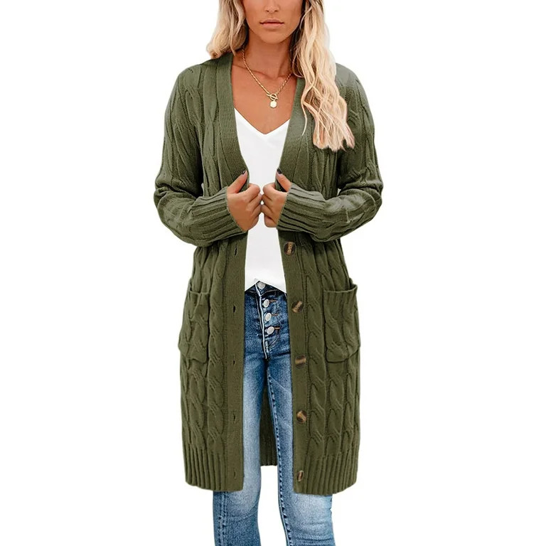 Women's Long Cardigan Coat Open Front Cable Knit Casual Loose Sweater Outwear with Pocket | Walmart (US)