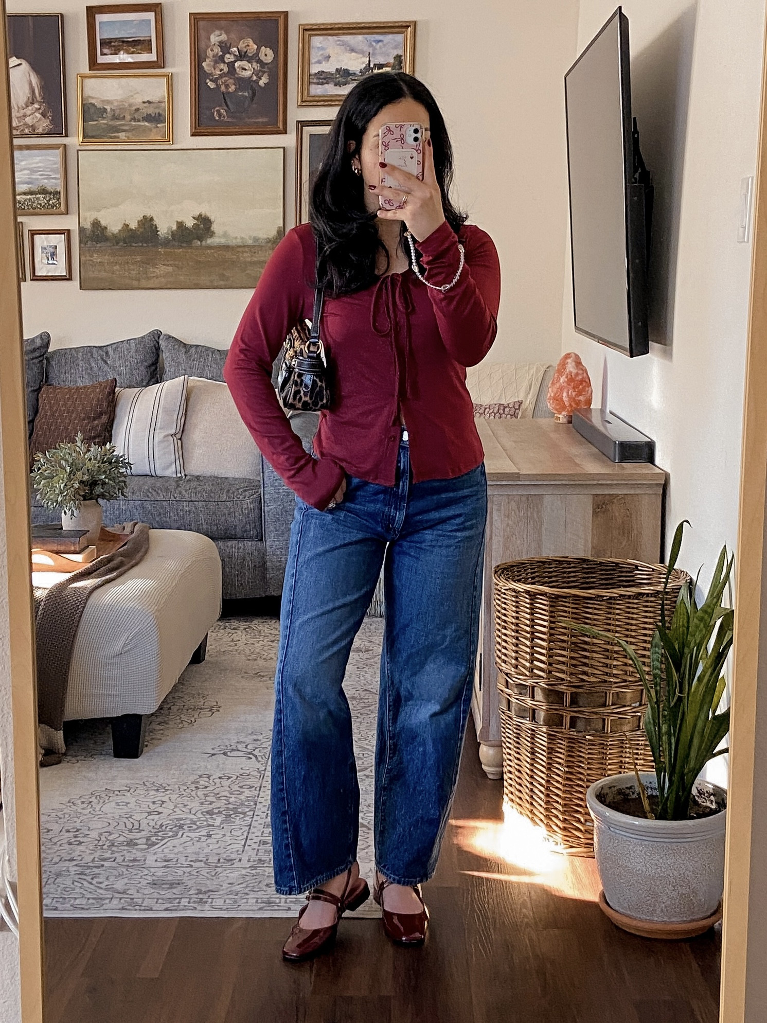 my obsession with the color burgundy continues 🥀🍷 burgundy long sleeve top outfit, amazon fall outfit, barrel jeans outfit, mother barrel jeans style, burgundy ballet flats outfit, leopard y2k shoulder bag, casual chic outfit inspo, relaxed chic outfit, fall casual fashion, everyday fall outfit, pinterest-inspired outfit, comfy chic fall look, aesthetic fall outfit, trendy fall style 2025, leopard print shoulder bag, y2k bag outfit, statement bag outfit, fall bag inspo, chic fall accessories, amazon bag finds, fall purse styling, trendy shoulder bag, casual fall ootd, chic everyday style, comfy stylish outfit, fall fashion inspo, autumn wardrobe basics, elevated casual outfit, effortless chic vibes, daily outfit ideas  

 #LTKHoliday #LTKgrwm #LTKootd